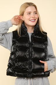 VERY J Shiny Metallic Zip Up Puffer Vest Trendsi