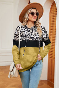 Leopard Drawstring Hoodie with Pocket Trendsi