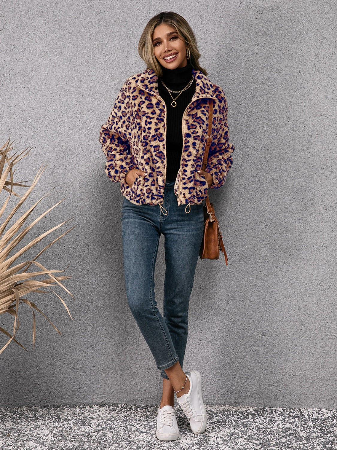 Ivy Lane Drawstring Leopard Zip Up Jacket Trendsi