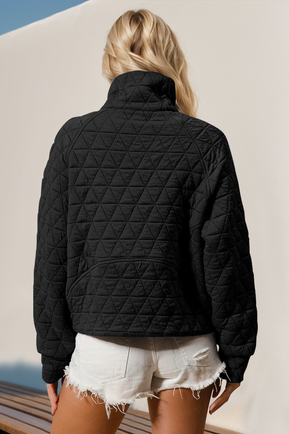 Double Take Half Zip Long Sleeve Quilted Sweatshirt with Pocket Trendsi