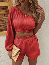 Honey One Shoulder Long Sleeve Top and Shorts Set Trendsi