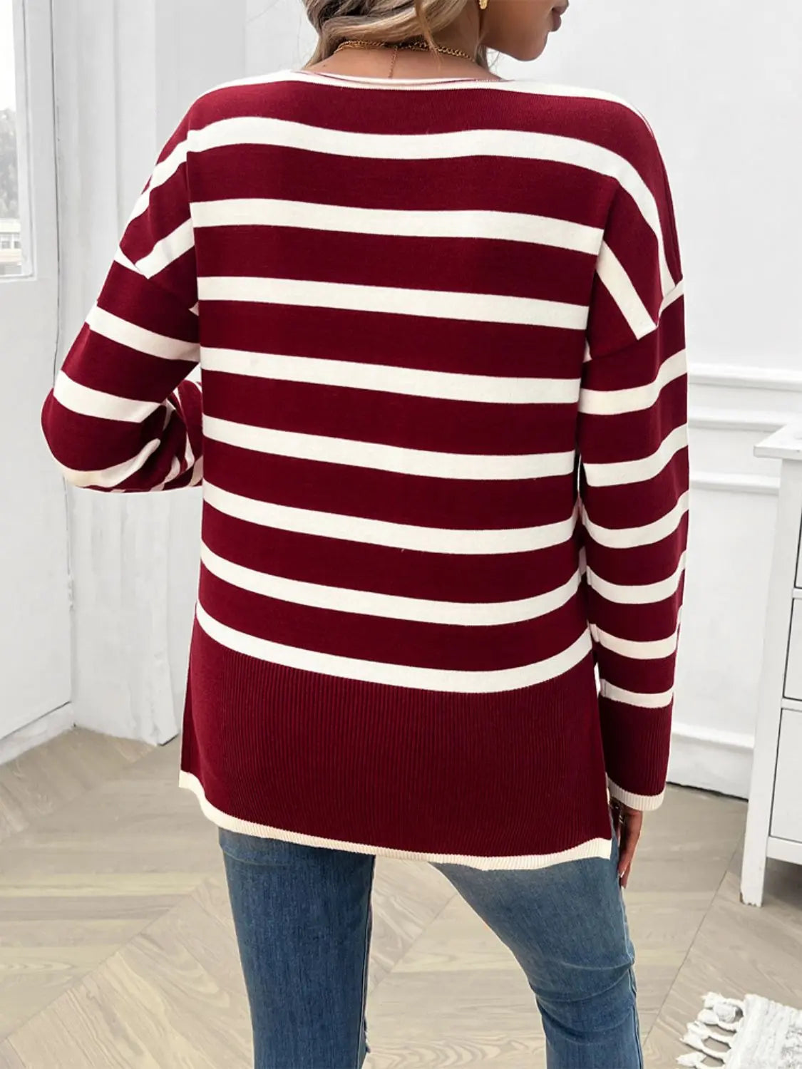 Striped V-Neck Long Sleeve Knit Top Trendsi