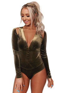 Cut-out Buttoned Deep V Neck Long Sleeve Velvet Bodysuit Jade