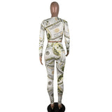 Dollar printing o neck jumpsuit Women slim long sleeve high