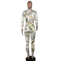 Dollar printing o neck jumpsuit Women slim long sleeve high