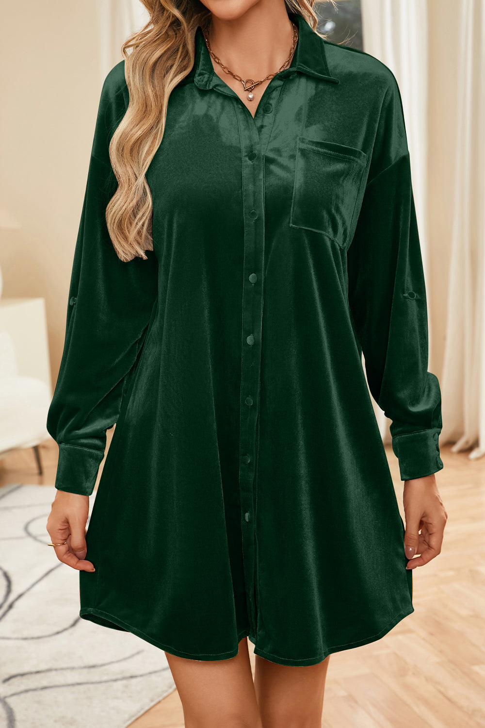 Velvet Collared Neck Long Sleeve Mini Dress Trendsi