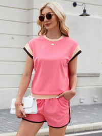 Contrast Round Neck Top and Shorts Set Trendsi