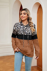 Leopard Drawstring Hoodie with Pocket Trendsi