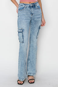 RISEN Full Size High Rise Cargo Flare Jeans Trendsi