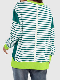 Slit Exposed Seam Striped Long Sleeve Sweatshirt Trendsi