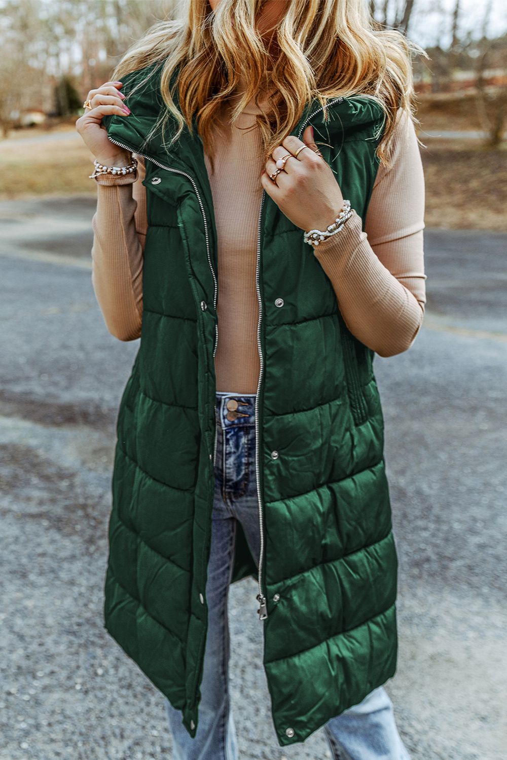 Longline Hooded Sleeveless Puffer Vest Trendsi