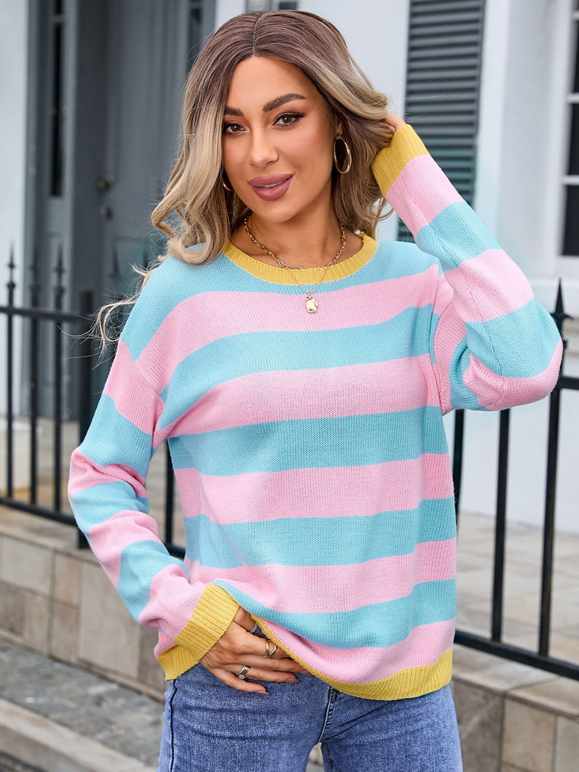 Striped Round Neck Dropped Shoulder Sweater Trendsi