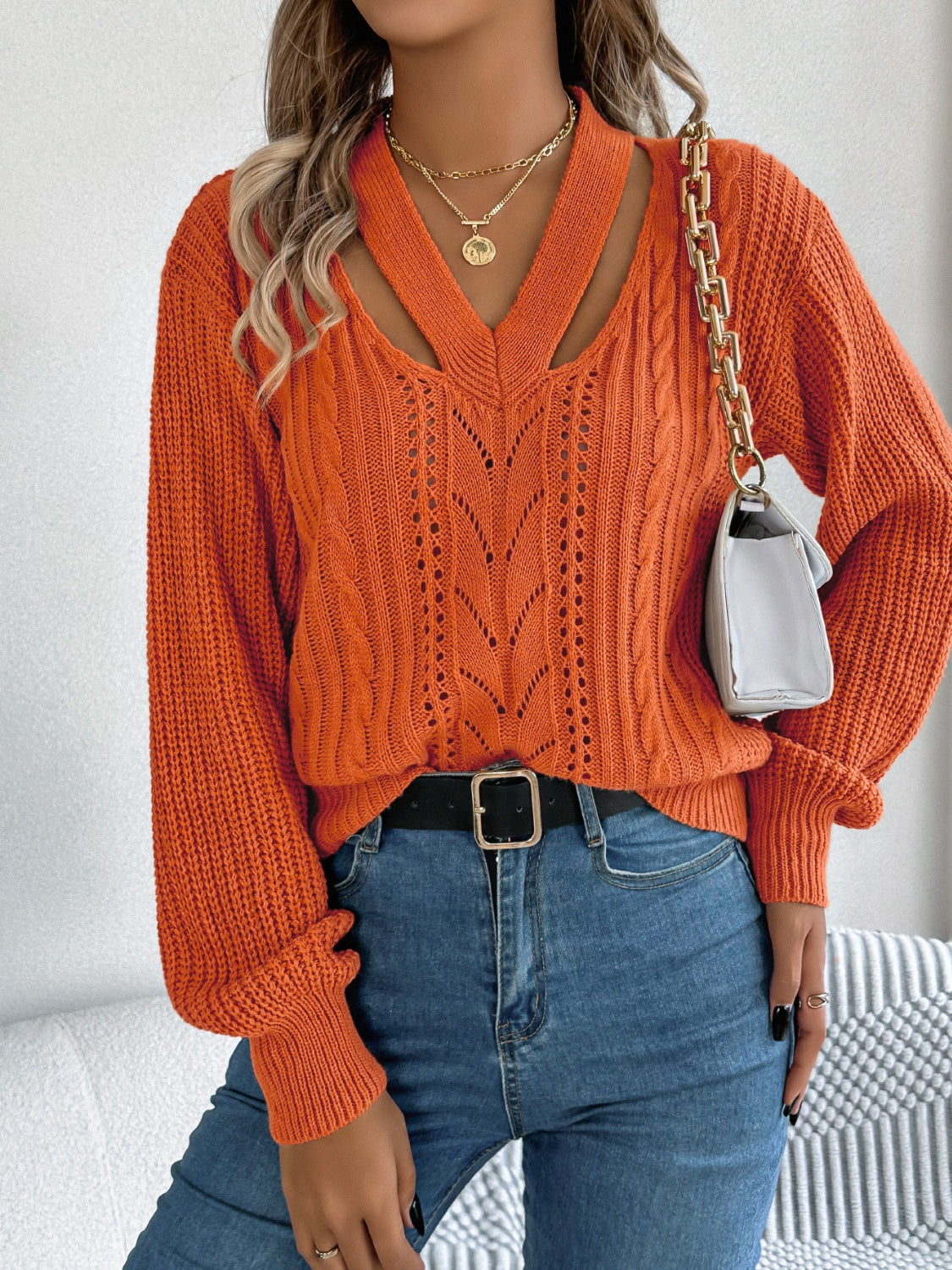 Cutout V-Neck Long Sleeve Sweater Trendsi