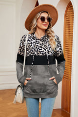 Leopard Drawstring Hoodie with Pocket Trendsi