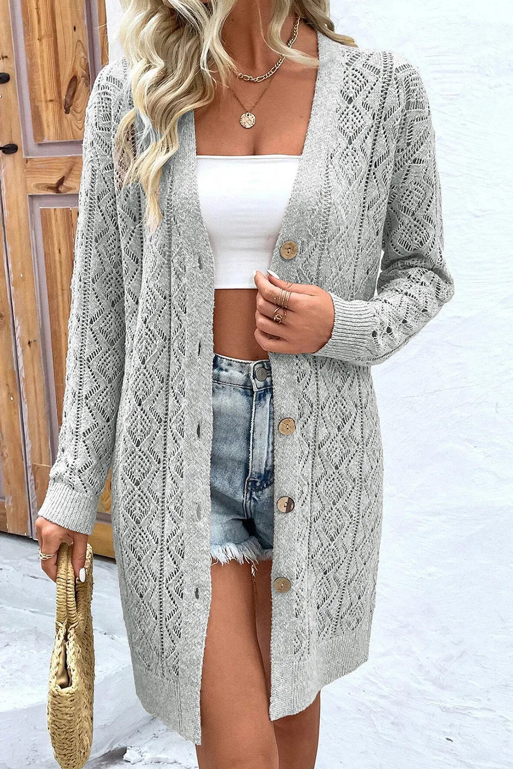 Openwork Button Down Long Sleeve Cardigan Trendsi