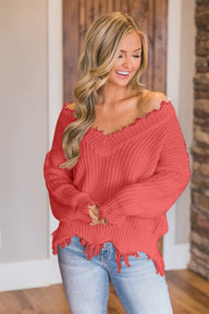 Frayed Hem Dropped Shoulder Sweater Trendsi