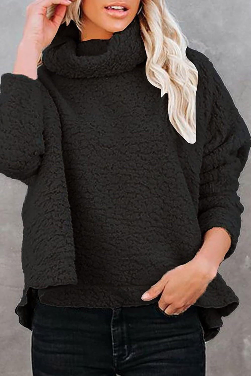 Fuzzy Turtleneck Long Sleeve Sweatshirt Trendsi