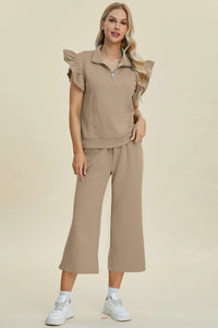 Double Take Full Size Texture Ruffle Short Sleeve Top and Wide Leg Pants Set Trendsi