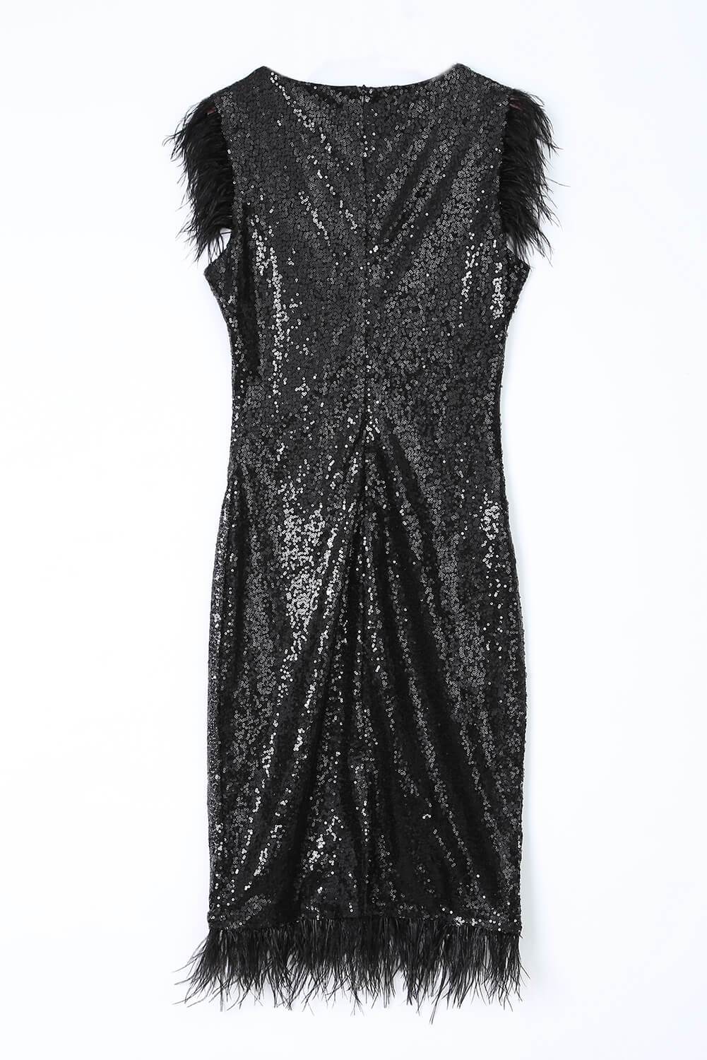 Elegant Sequined Feather Little Black Dress Jade