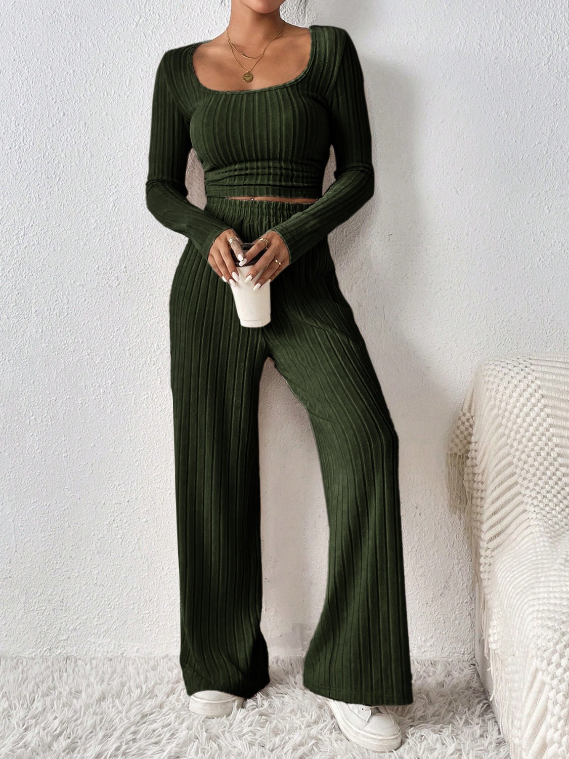 Scoop Neck Long Sleeve Top and Pants Set Trendsi