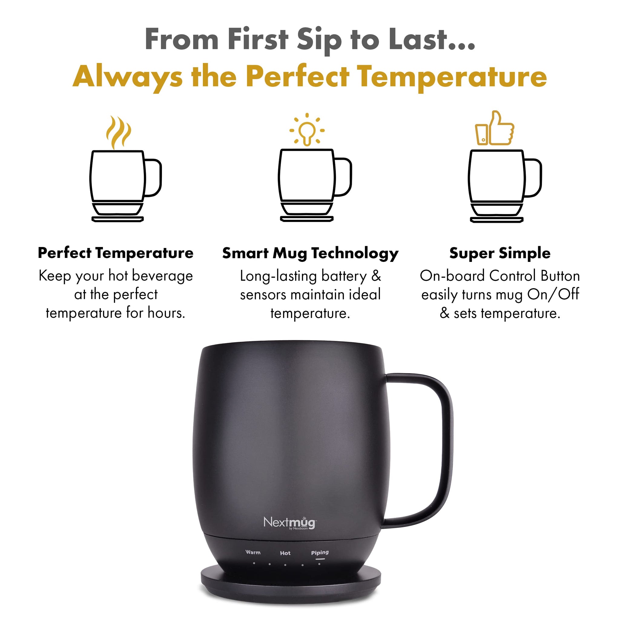 Nextmug - Temperature-Controlled, Self-Heating Coffee Mug (Black - 14 oz.) Nextmug by Nextboom