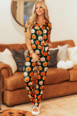 Pumpkin Printed Short Sleeve Top and Pants Lounge Set Trendsi