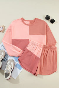 Color Block Round Neck Top and Shorts Set Trendsi