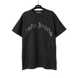 Palm Angels Summer Fashion Trend Ink Splash Holes Do Old Design Letters Printed Short-Sleeved T-Shirt Men and Women Cotton Tops Alidrop