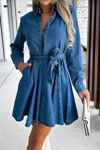 Tied Half Button Long Sleeve Denim Dress Trendsi