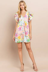 Floral Printed Dress in Blush | V Neckline Button Down Mini Dress