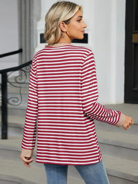 Pocketed Striped Round Neck Long Sleeve T-Shirt Trendsi