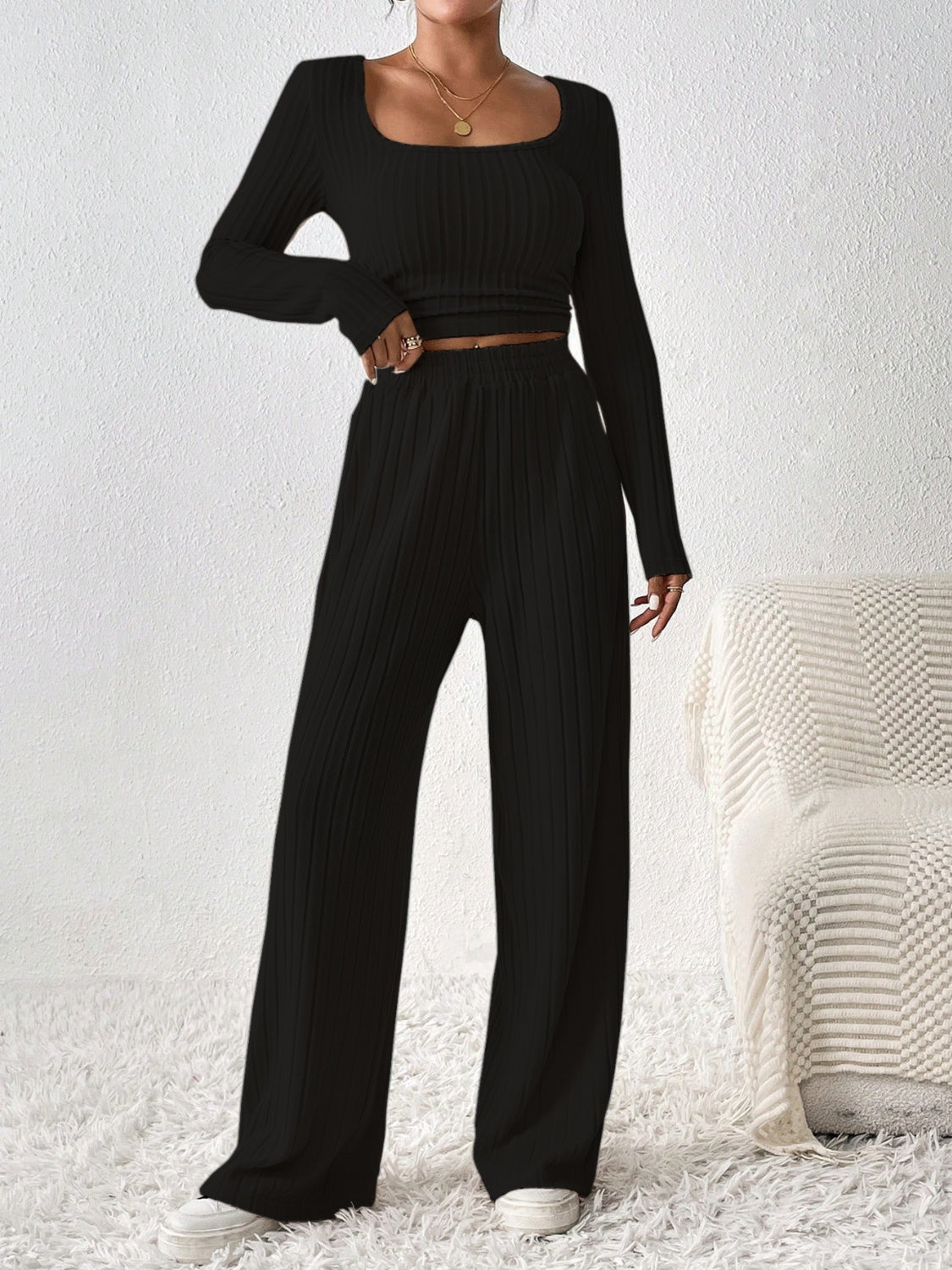 Scoop Neck Long Sleeve Top and Pants Set Trendsi