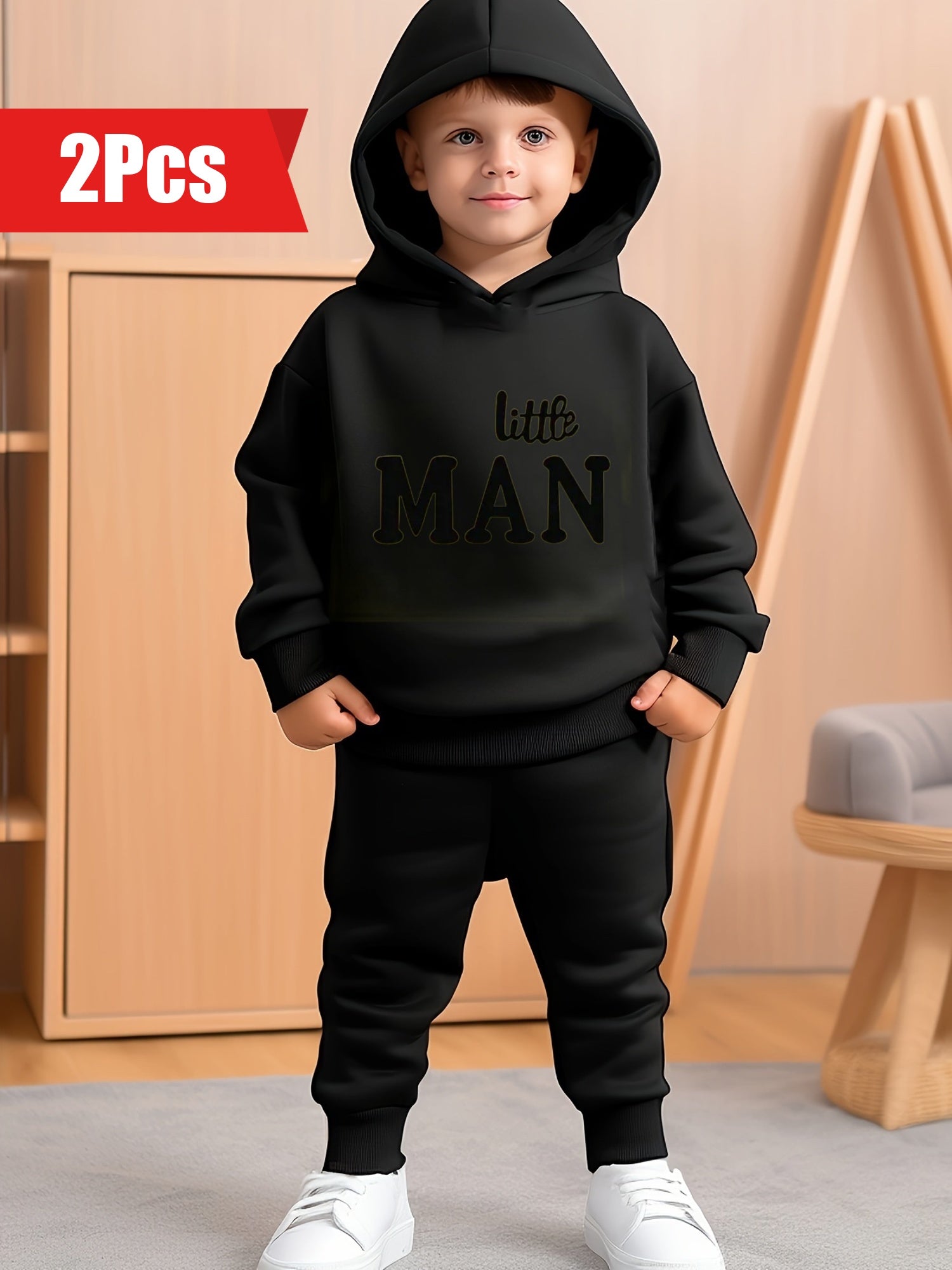 Buy 1 Get 1 Free, total of 2 pcs Little Man Print Hooded Outfit - Soft & Comfy Geometric-Pattern Long Sleeve Hoodie and Pants Set for Boys - Hand Washable, Slight Stretch, Regular Fit, Perfect for Spring and Autumn Wear Dropshipman