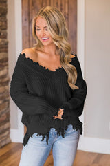 Frayed Hem Dropped Shoulder Sweater Trendsi