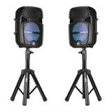 PBX-808TWS TWO 8 INCH PORTABLE PA SPEAKER SYSTEMS with 2 SPEAKERS, 2 SPEAKER STANDS, 2 WIRED MICROPHONES and 2 REMOTES