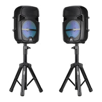 PBX-808TWS TWO 8 INCH PORTABLE PA SPEAKER SYSTEMS with 2 SPEAKERS, 2 SPEAKER STANDS, 2 WIRED MICROPHONES and 2 REMOTES