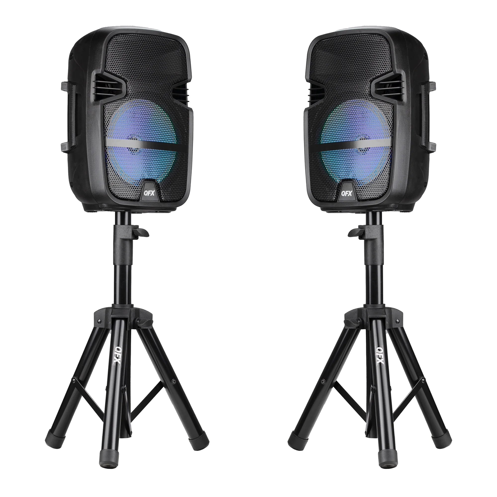 PBX-808TWS TWO 8 INCH PORTABLE PA SPEAKER SYSTEMS with 2 SPEAKERS, 2 SPEAKER STANDS, 2 WIRED MICROPHONES and 2 REMOTES