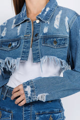 American Bazi Distressed Denim Jacket with Frayed Hem Trendsi