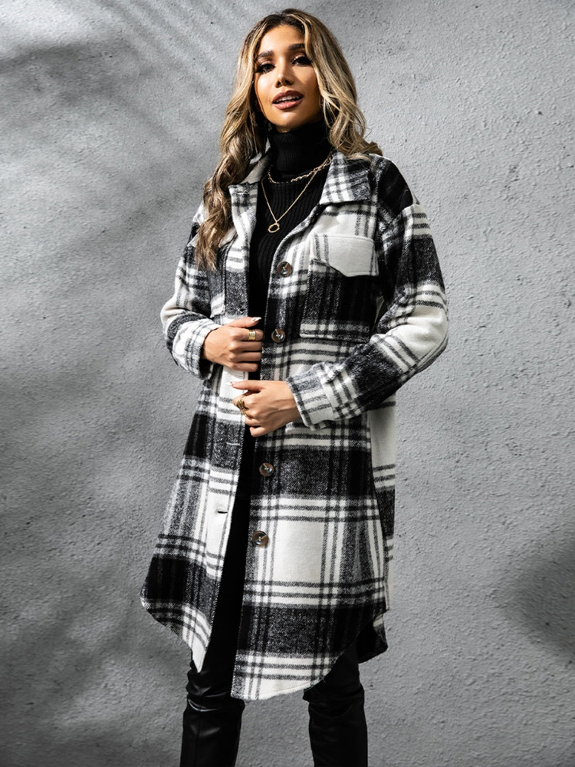 Plaid Collared Neck Long Sleeve Coat Trendsi