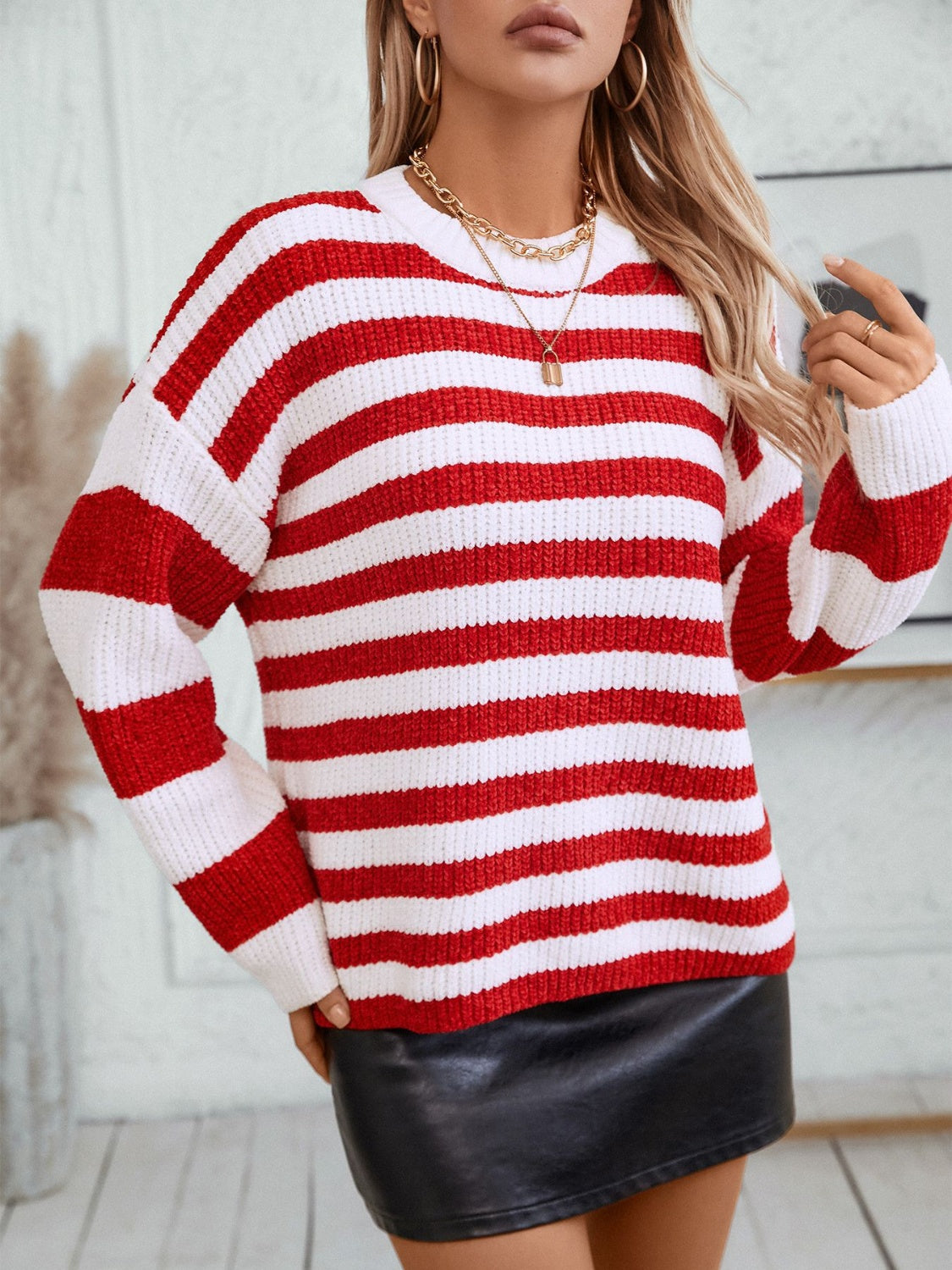 Striped Round Neck Long Sleeve Sweater Trendsi