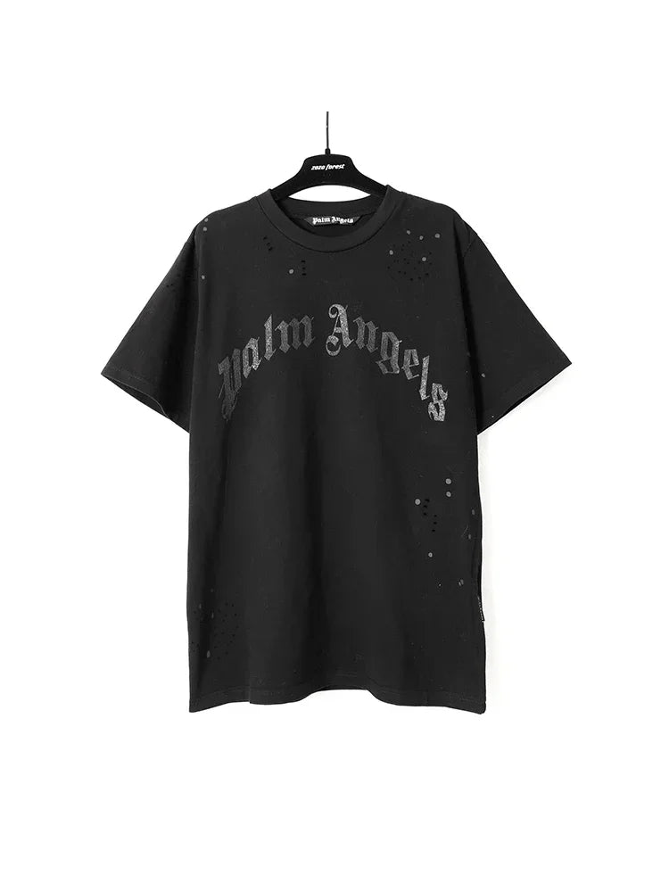 Palm Angels Summer Fashion Trend Ink Splash Holes Do Old Design Letters Printed Short-Sleeved T-Shirt Men and Women Cotton Tops Alidrop