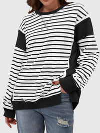 Slit Exposed Seam Striped Long Sleeve Sweatshirt Trendsi