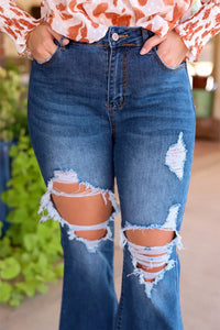 Blue High Waist Distressed Cutout Flare Leg Jeans-4