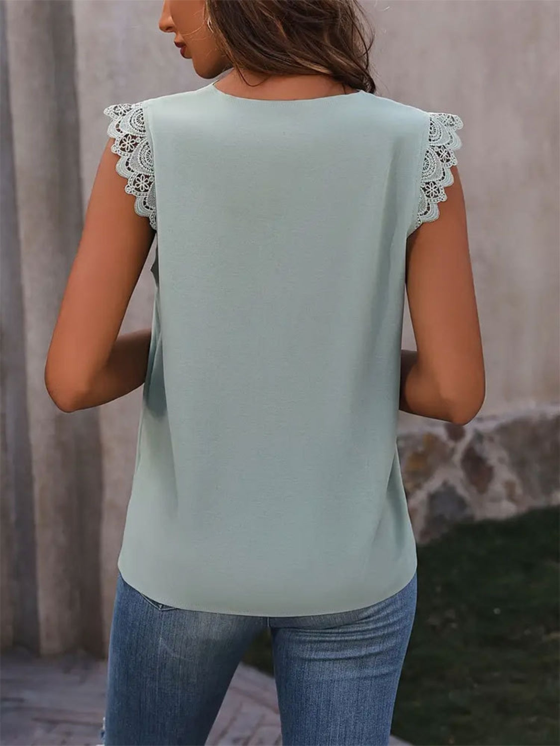 Lace Detail V-Neck Cap Sleeve Top Trendsi