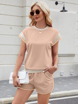 Contrast Round Neck Top and Shorts Set Trendsi