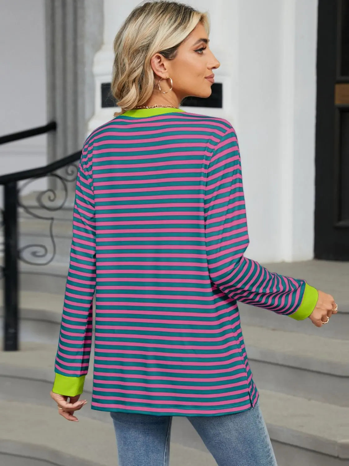 Pocketed Striped Round Neck Long Sleeve T-Shirt Trendsi