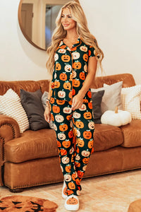 Pumpkin Printed Short Sleeve Top and Pants Lounge Set Trendsi