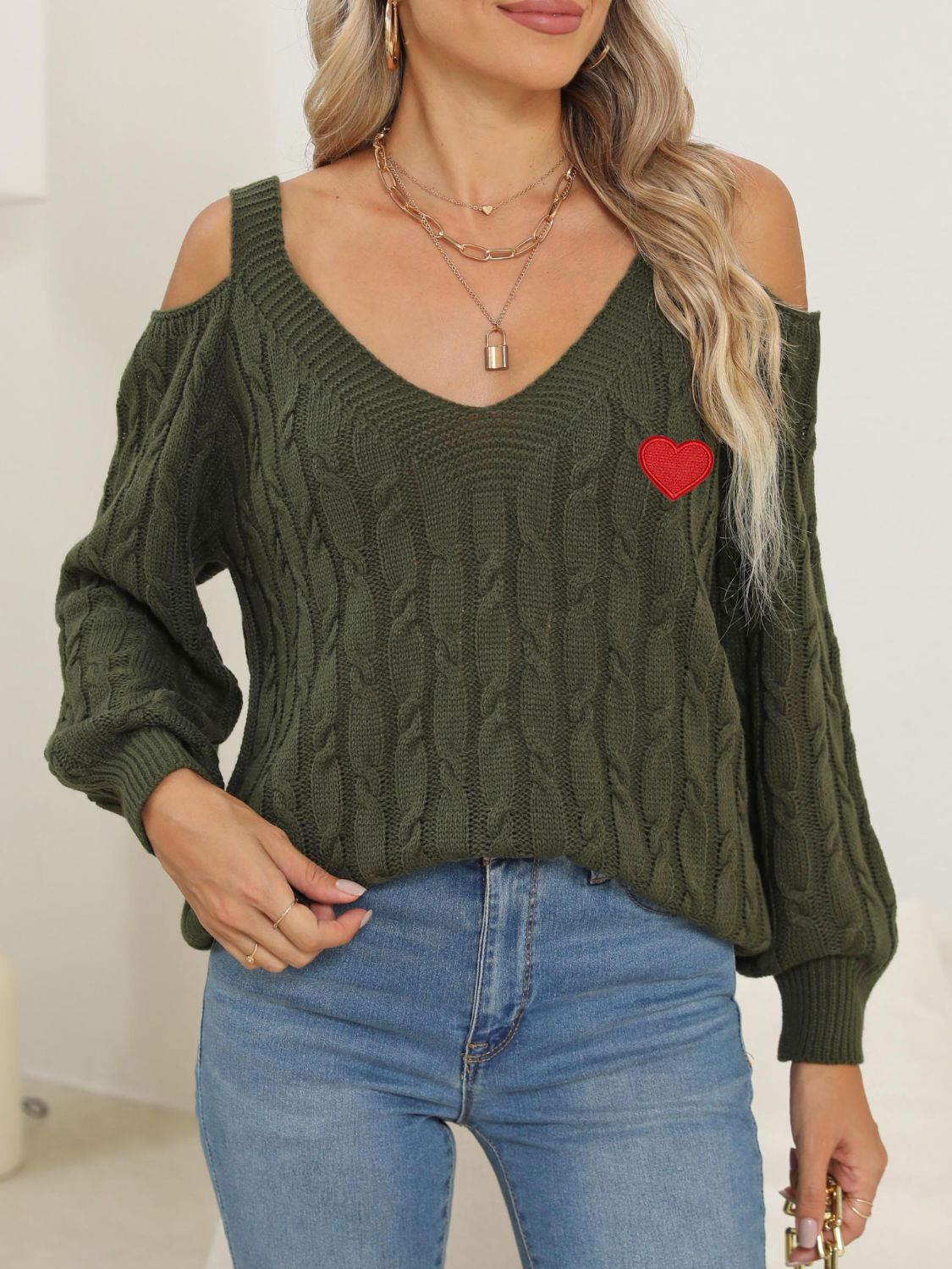 Cable-Knit Heart V-Neck Sweater Trendsi