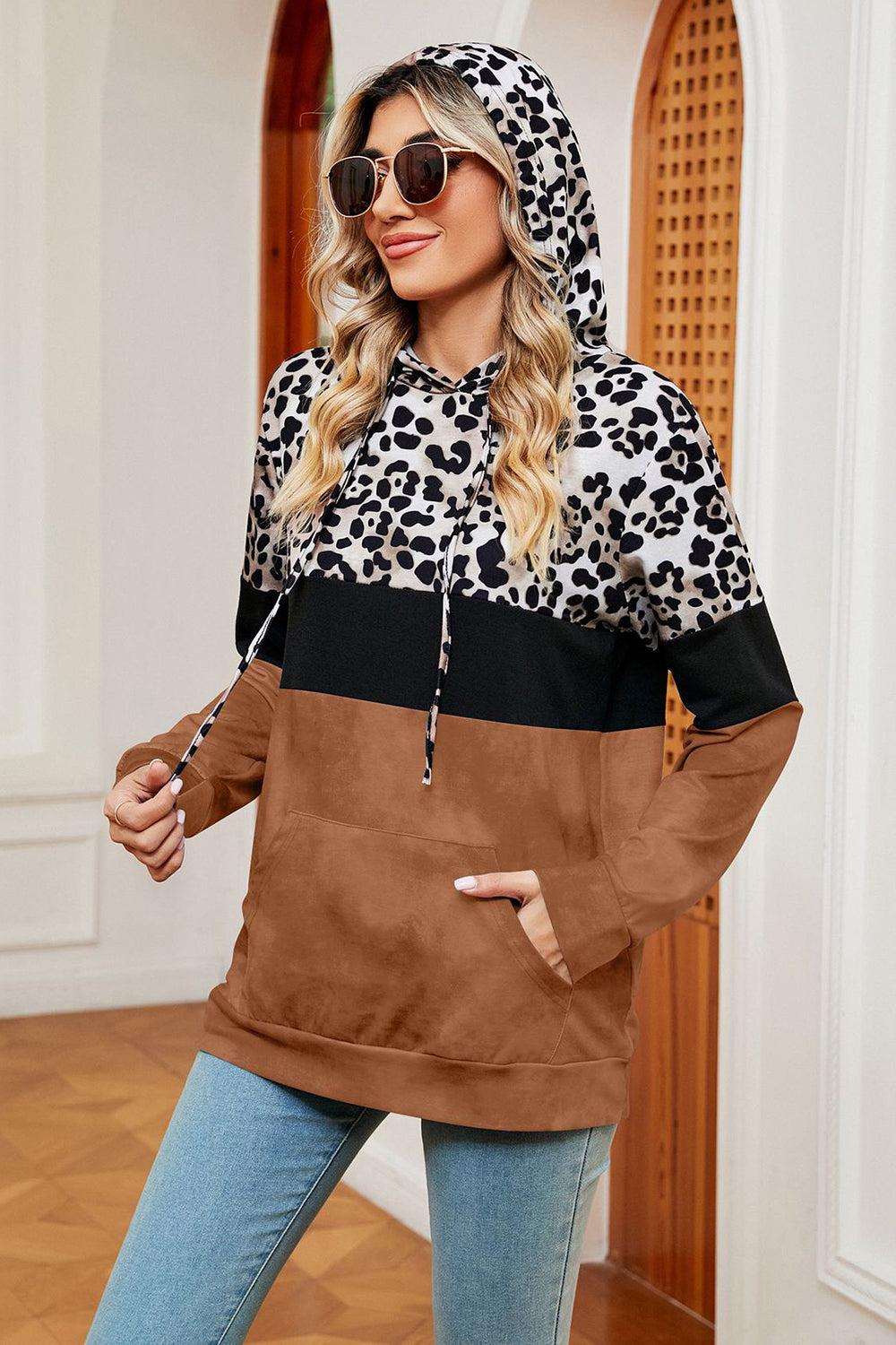 Leopard Drawstring Hoodie with Pocket Trendsi