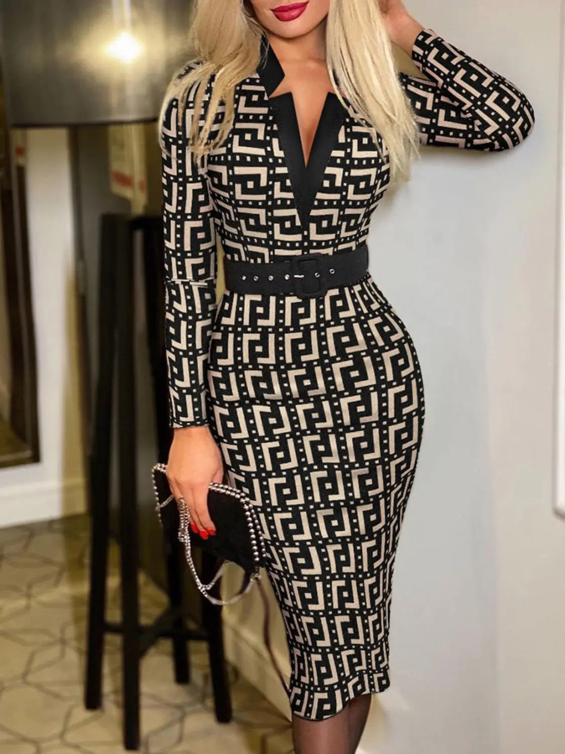 Printed Notched Long Sleeve Wrap Dress Trendsi